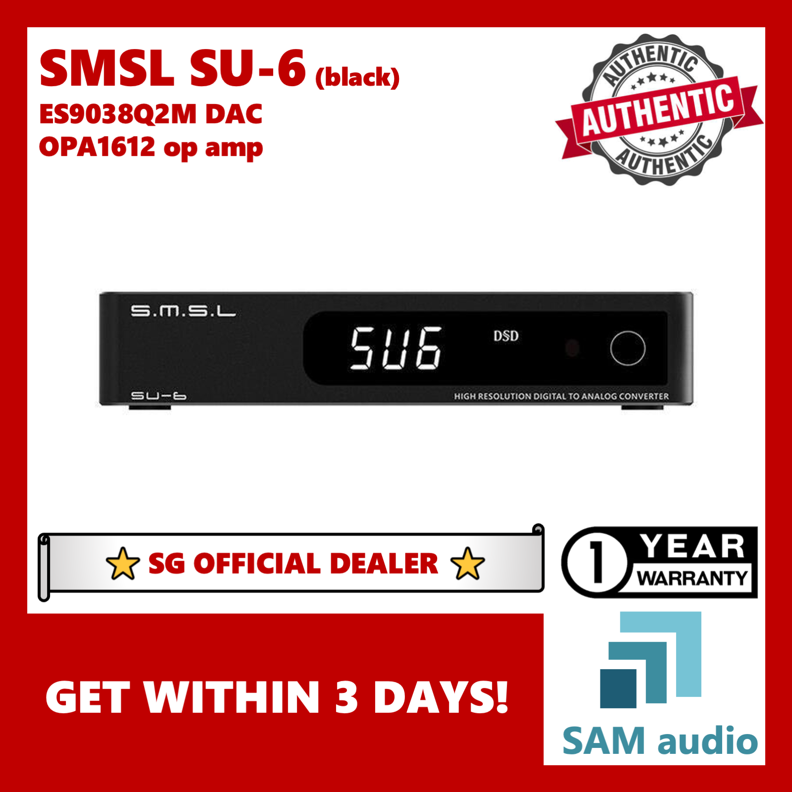 [?SG] SMSL SU-6, ES9038Q2M DAC, Bluetooth 5.0 LDAC, Hi-Res Hifi Audio (SU6)