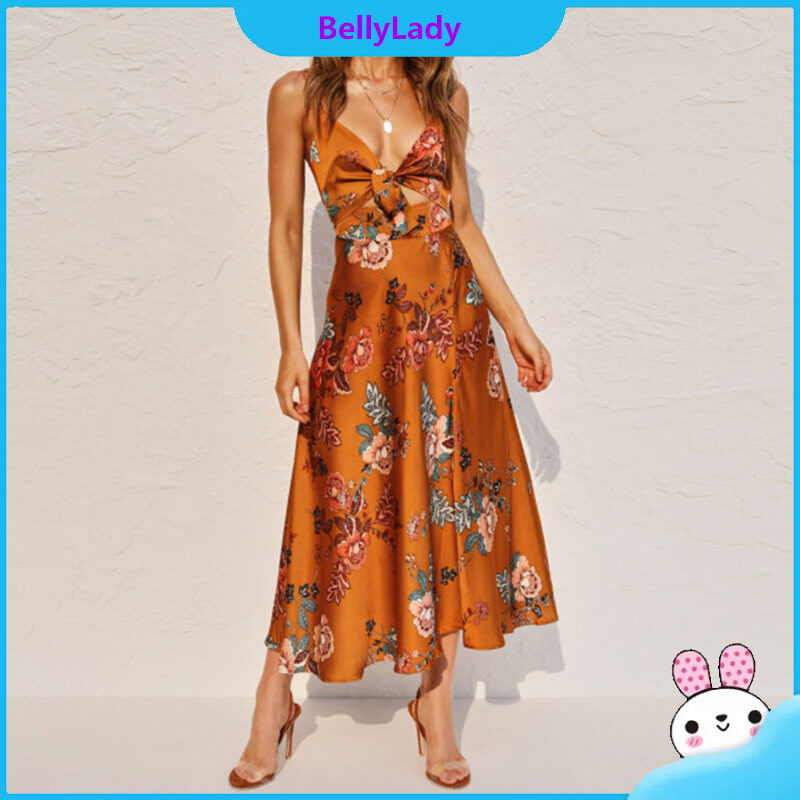 Women Sexy V-neck Suspender Dress Classic Bowknot Printing A-line Skirt Summer Backless Sleeveless Beach Long Dress