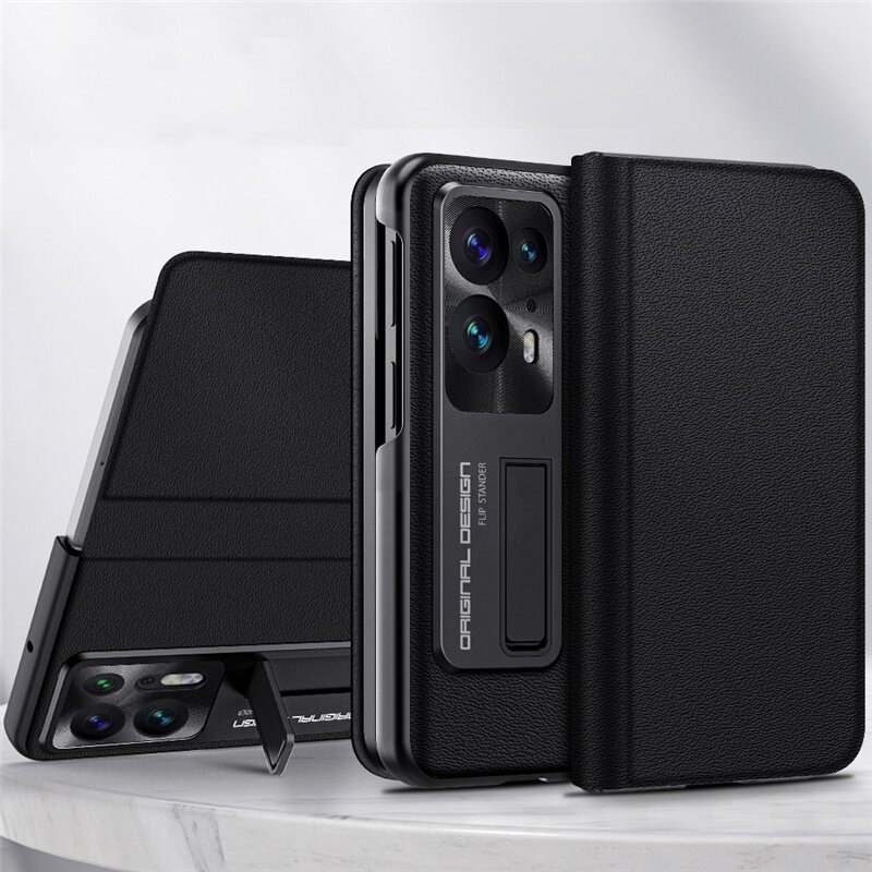 HOCE Luxury Genuine Leather with Holder Fold Phone Case for OPPO Find N2 5G Cover Shockproof Hard Magnetic Case
