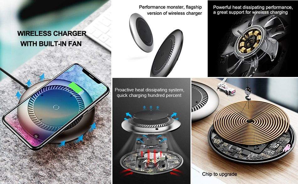 Baseus Whirlwind 10W Qi Wireless Charger For iPhone X 8 8 Plus Samsung S9/S9 Plus Note 8 9 Google Huawei with Fan