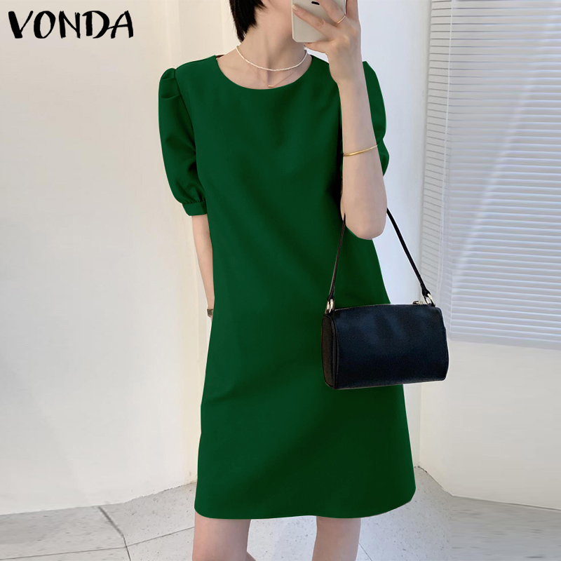 VONDA Women Summer Solid Color O Neck Casual Loose Knee-length T-shirt Dress (Korean Causal)