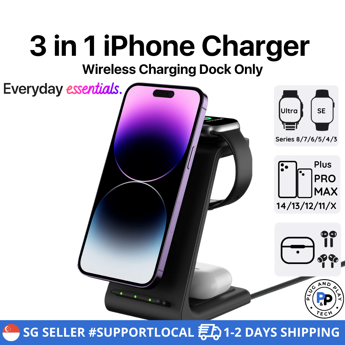 [1-2 DAYS SG SHIPPING!] 3-IN-1 Wireless Charger For iPhone 14/13/12/11 Plus Pro Max Mini AirPods Pro Apple Watch Series 3 4 5 6 7 8 Ultra Charging Dock Station Desktop Dock Qi 15W