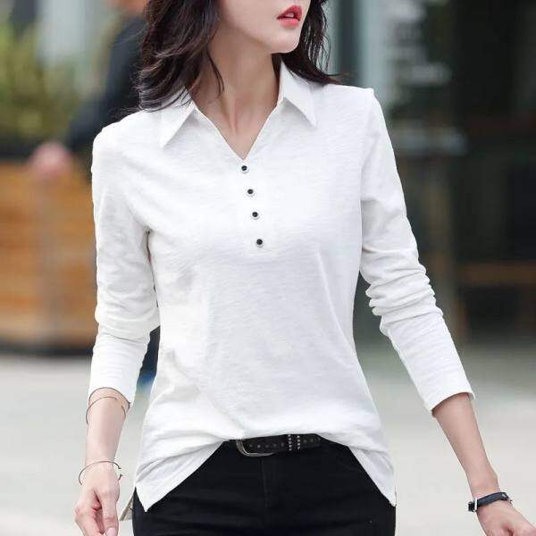 Spring and Autumn New Korean Casual Polo shirt Women Long sleeve Stand Collar T-shirt Loose Plain V neck Comfortable Black t shirts Female Shirts Bottoming Tops Free shipping
