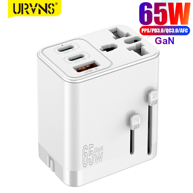URVNS 65W GaN Travel Plug Adapter with 2USB-C PD and 1USB-A Worldwide Universal Charger UK EU AU US Converter for Laptops Phones Tablets