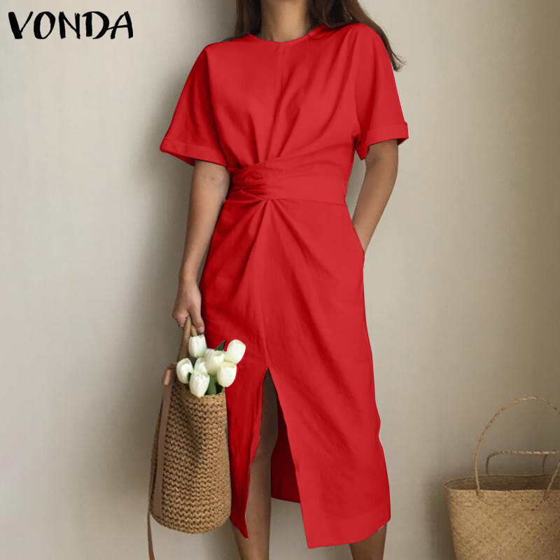 VONDA Women Summer Oversized Short Sleeve Casual Sundress Shirt Slit Dress (Korean Causal)