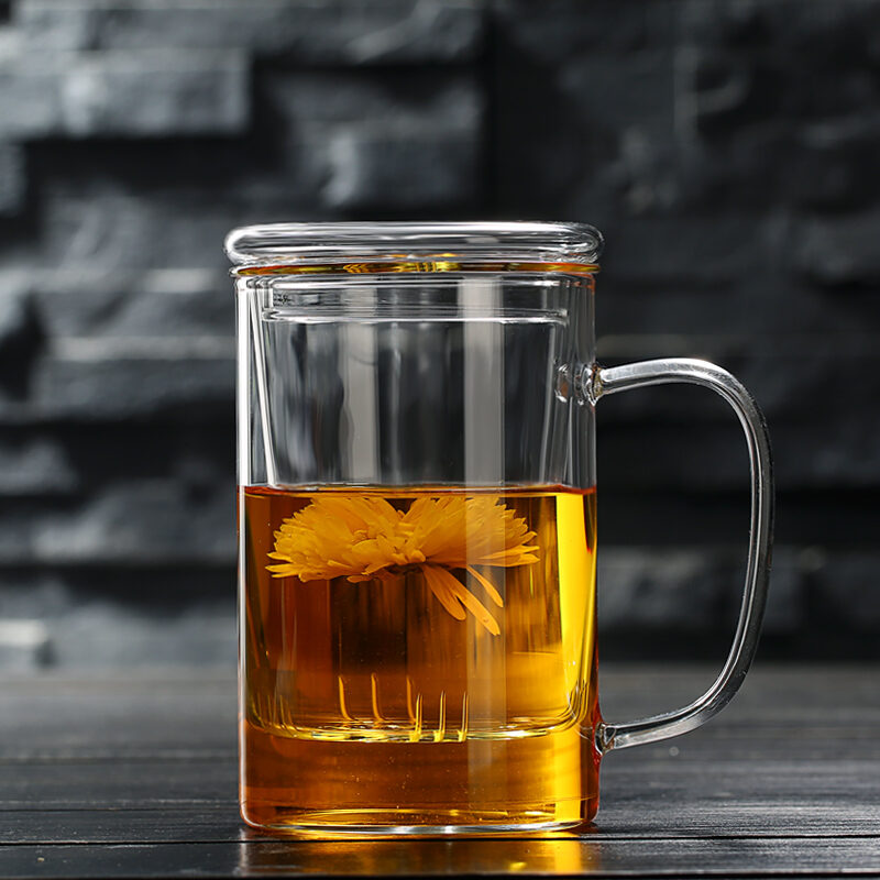Transparent Glass with Handle Heat-Resistant Flower Tea Cup Tea Cup Coffee Cup Filter Liner Office Cup Piaoyi Cup Thickened