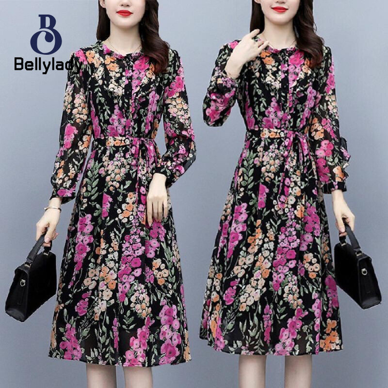 BellyLady Women Floral Dress Comfortable Breathable Lightweight Lace-up Round Neck Long-sleeved Midi Skirt