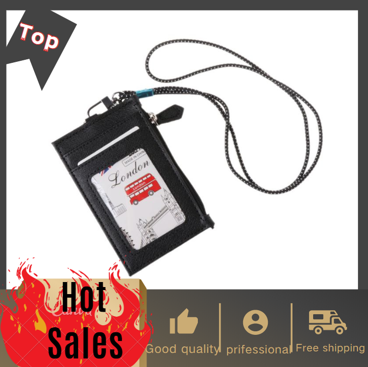 Women Business Card Holder Wallet Men PU Leather ID Cards Holders Case Neck Strap Lanyard Ladies Fashion Mini Slim Wallets