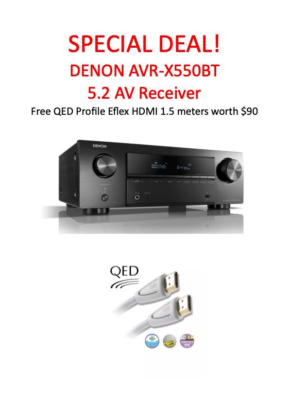 DENON AVR-X550BT with free QED Professional HDMI 1meter, AV RECEVIER, RECEIVER, BLUETOOTH, RADIO, FM/AM, 5.2, DOLBY