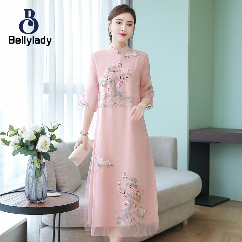 BellyLady Women Summer Embroidered Dress Chinese Ethnic Style Half Sleeves A-line Skirt Large Size Loose Dress