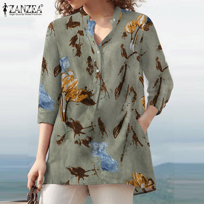 Rulfepy Women Collarless V Neck Shirts Vintage Floral Print Shirt Tops Loose Blouse Tee