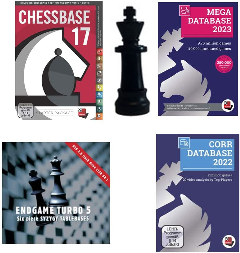 ChessBase 17 Premium Package: ChessBase 17 Chess Database Management Software Program Bundled with Mega Database 2023, Corr. 2022, Endgame Turbo 5 and ChessCentral's Chess King Flashdrive