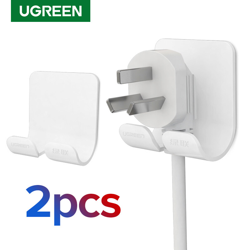 UGREEN 2Pcs/pack ABS Stick Wall Hook Hanger Holder for Power Line,Key (White)