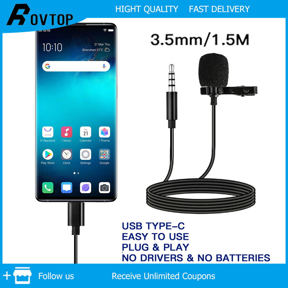 Rovtop Mini Type C/3.5mm Clip-on Lapel Lavalier Microphone Condenser for Phone Hands-Free Wired Microphones Mic for Camera Computer