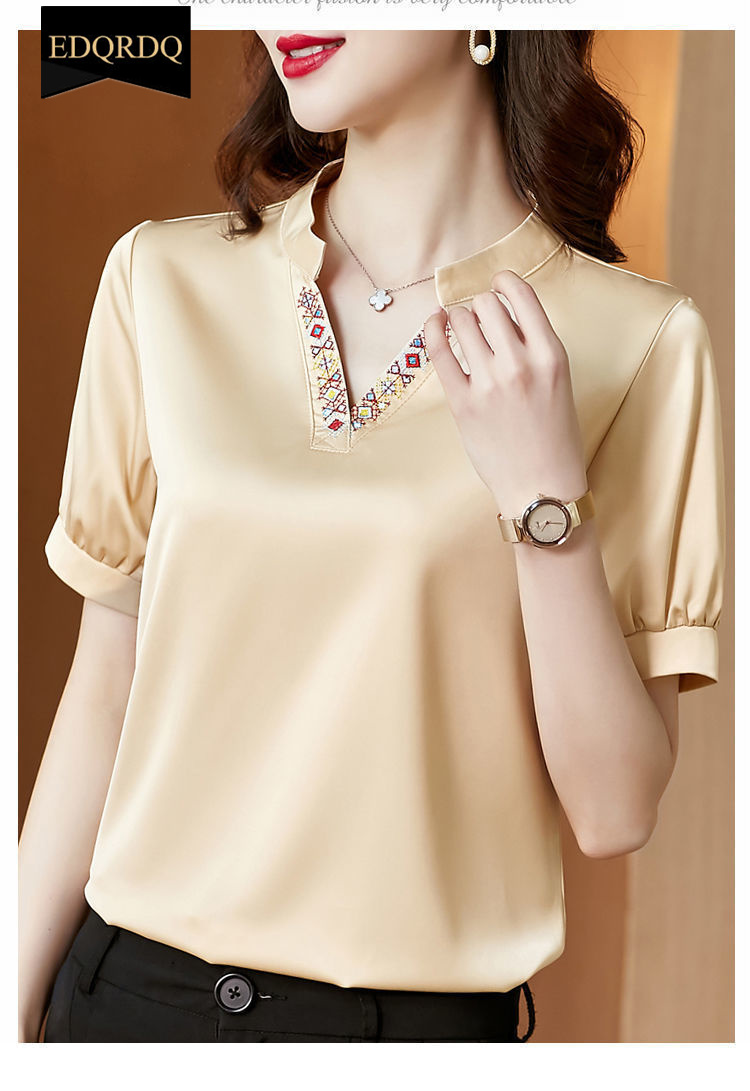EDQRDQ Women's Satin Blouse Puff Sleeve Saint V Neck Embroidered Short Sleeve Shirt