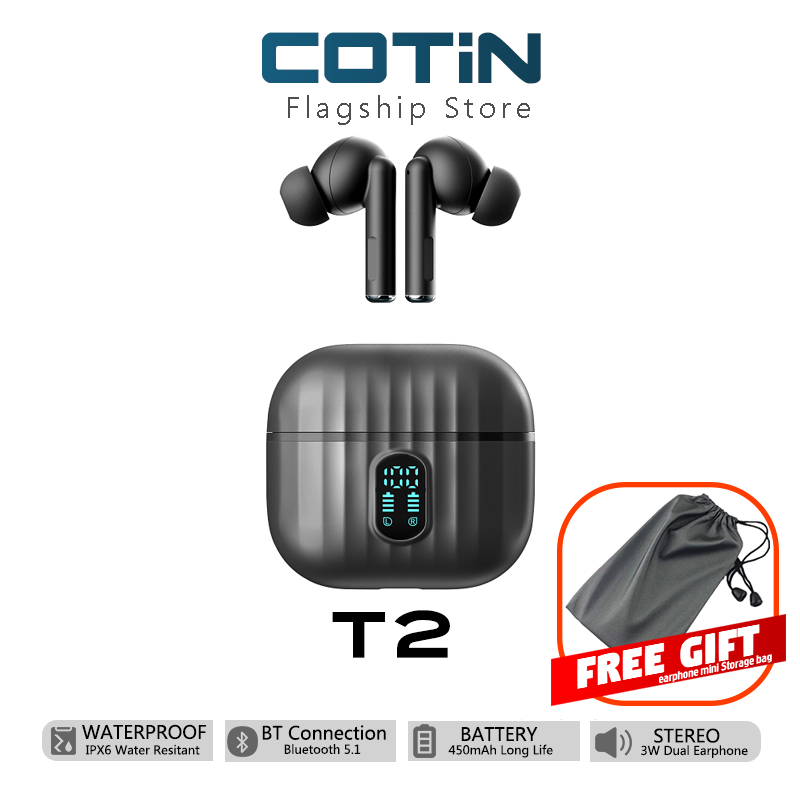 【2022 NEW】COTIN T2 True Wireless Earbuds, Bluetooth Headphone 5.1, LED Digital Display and Built in Mic CVC8.0 Noise Cancelling HiFi Stereo IPX6 Waterproof in Ear Earphones 40h Playtime for Work/Sport