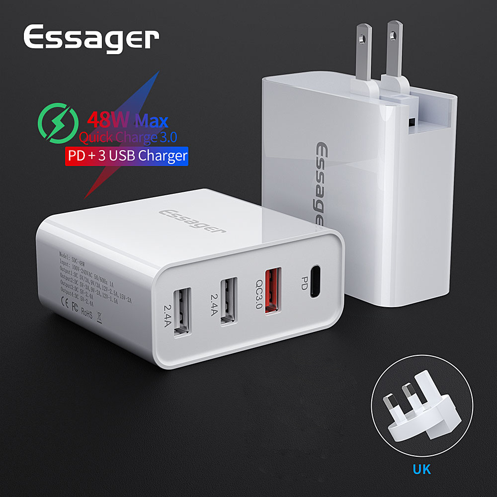 Essager48W 4 Ports Quick Charger  PD  TypeC + USB QC3.0 Turbo Wall Charger Ponsel Cepat untuk iPhone12 11 Pro max Xiaomi