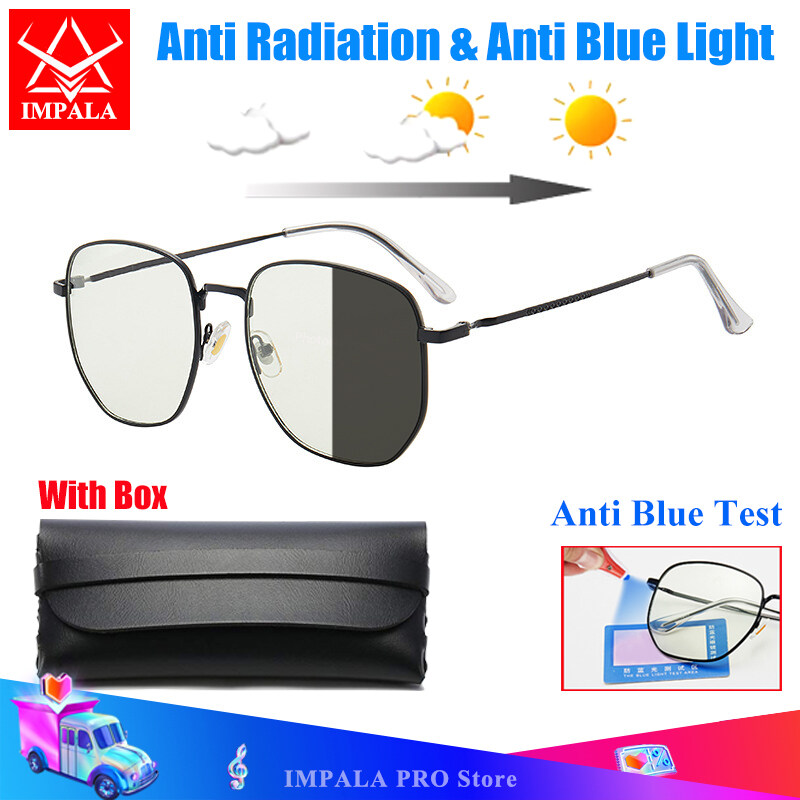 IMPALA FL1851P Fashion Anti Blue Light Glasses for Men Women Filter Lens Anti Radiation Photochromic Glasses Multifunctional Optical Filter Block Blue Light Change Color Sunglasses UV Protection with 