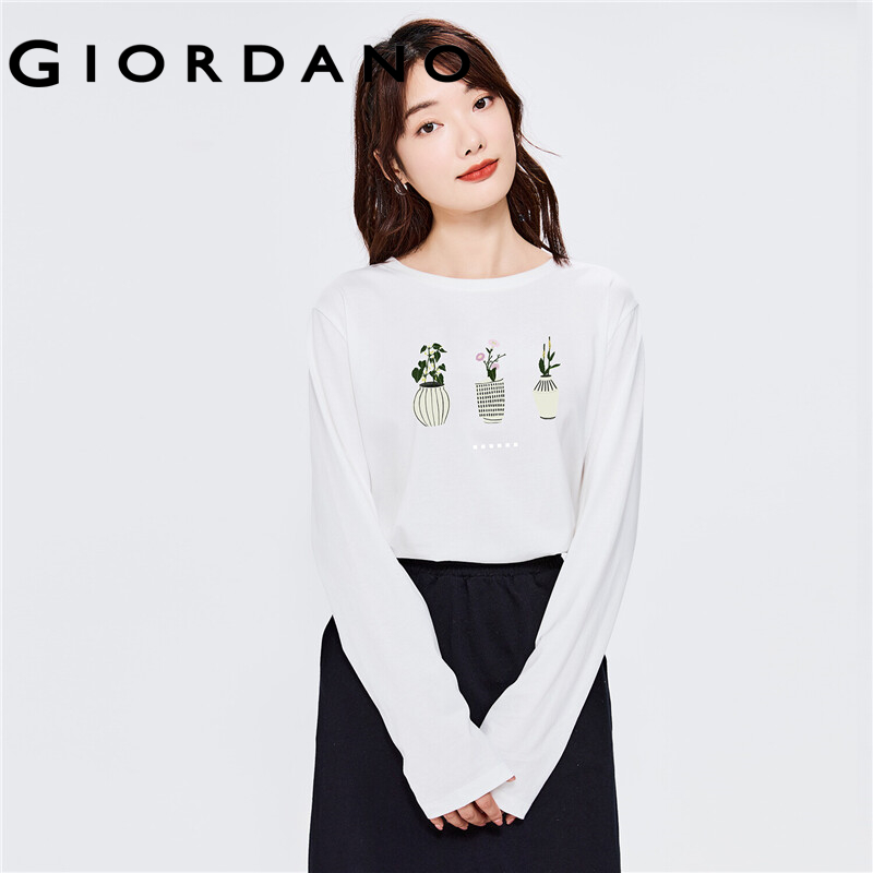 GIORDANO Women ARTAND Series T-Shirts Spring Fall Long Sleeve Print T-Shirts Quality 100% Cotton Casual Simple Tee 99392099