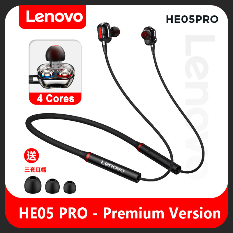 Lenovo HE05 Pro Bluetooth 5.0 Earphones 4 Speaker Units Wireless Headphone Magnetic Neckband Stereo Deep Bass IPX5 Waterproof Earbuds Headset With Microphone