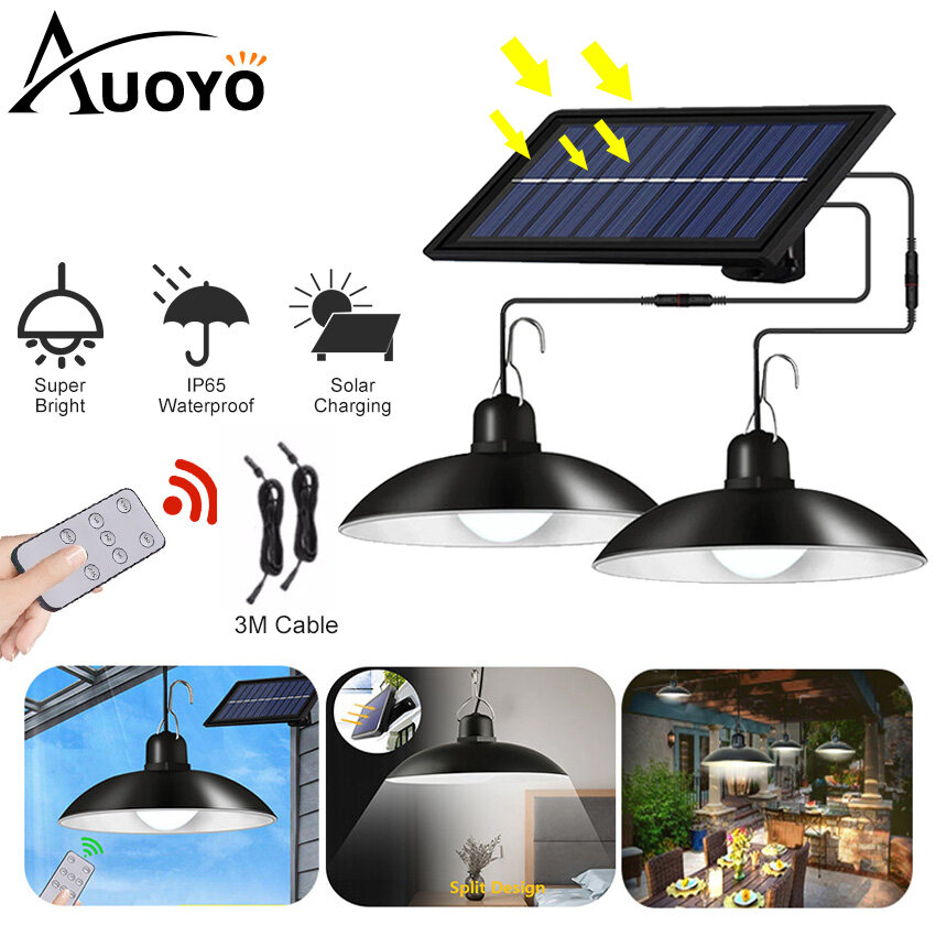 Auoyo Solar Pendant Light Outdoor Indoor Solar Lamp With Line Hanging Lighting Indoor House Ceiling Lamp For Camping Garden Back Yard 1/2 Head