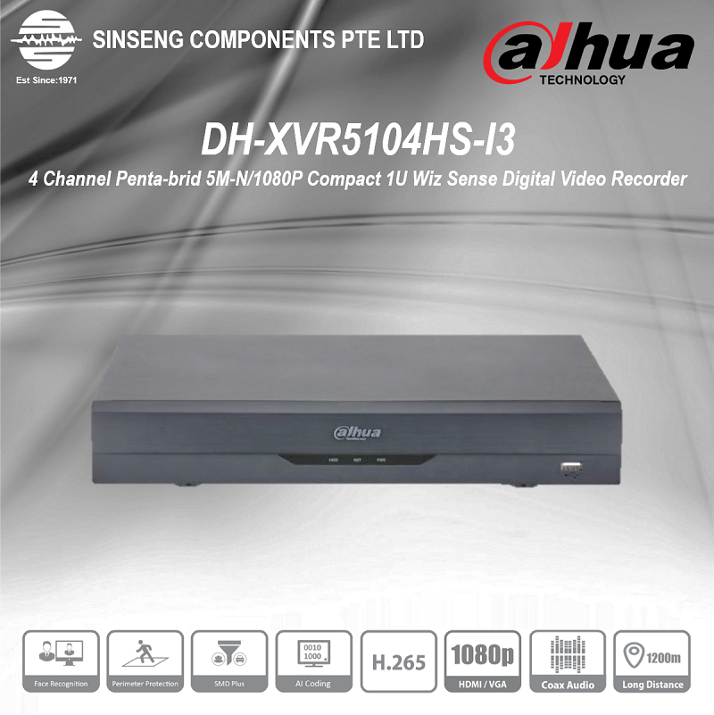 Dahua XVR5104HS-I3 4CH XVR [Penta-brid 5M-N/1080P Compact 1U WizSense 4 Channel Digital Video Recorder (DVR) PC-Mobile APP:iDMSS Lite/DMSS]