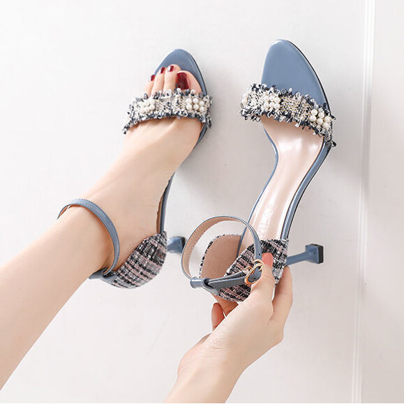 One Word Strap Sandals Female Stilettos Sweet Pearl Color Matching High Heels