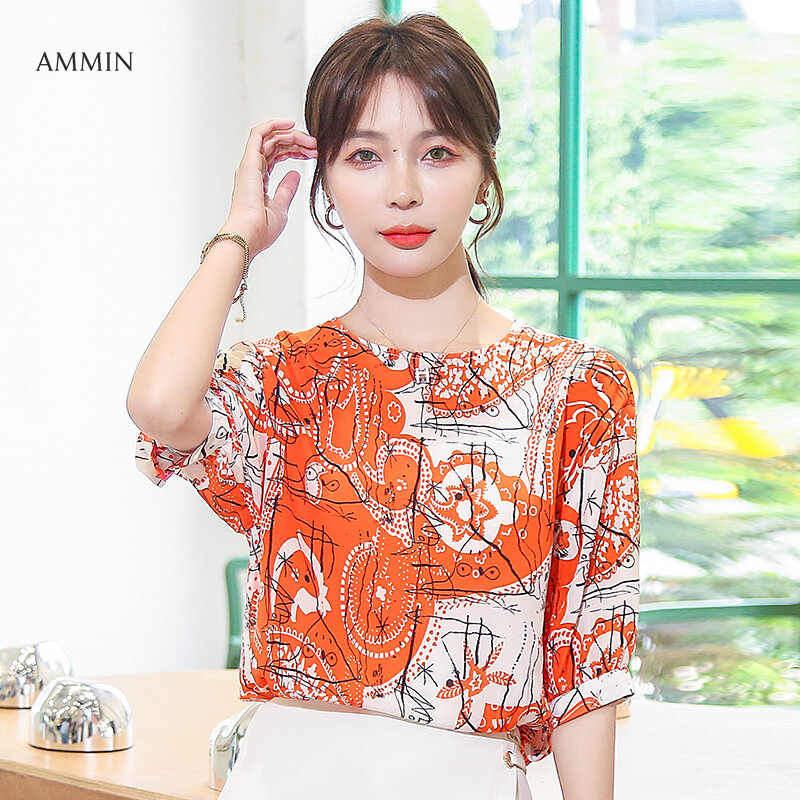AMMIN Tops Short-sleeved round neck abstract printed chiffon shirt women's 2021 new style middle-sleeved loose-fitting casual western-style plus size blouse