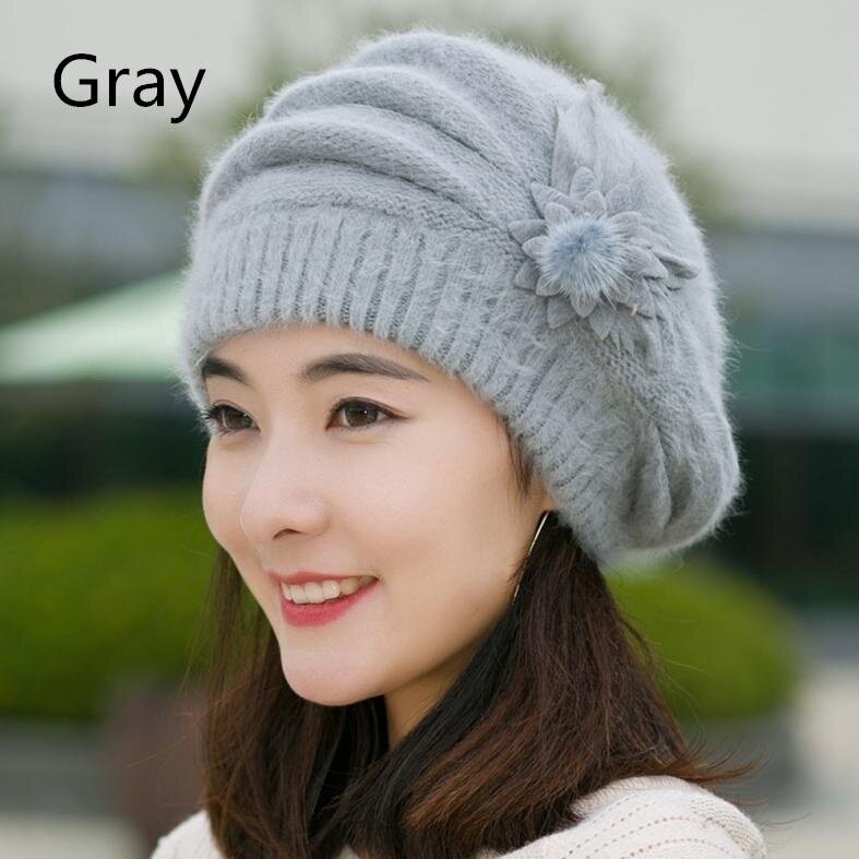 Pick Me Up Shop Women Vintage Winter Warm Stunning Flower Knit Crochet Beanie Hat Winter Warm Cap Beret Rabbit Fur Hat Beret Braided Baggy