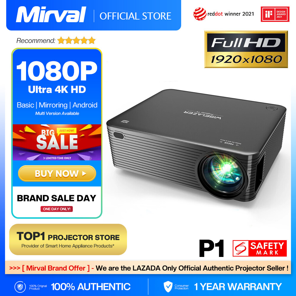 【Full HD 1080P】Mirval P1 Native 1080P Full HD 4K Projector Portable Beamer 8500 Lumens Auto Keystone Home Cinema Classroom Office