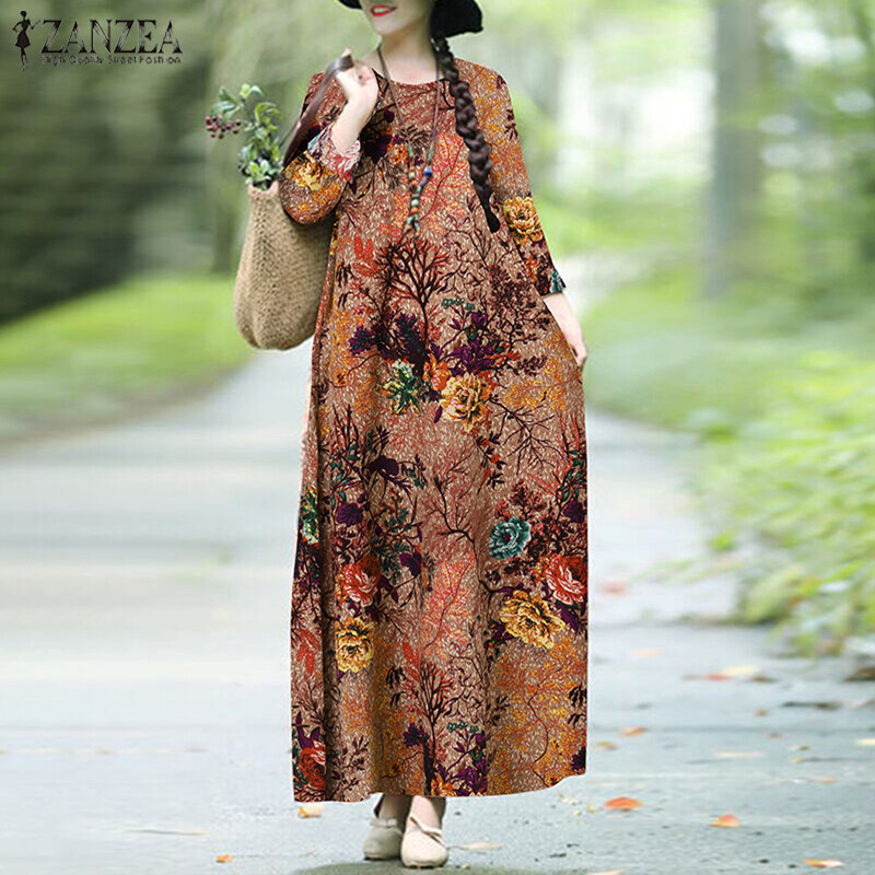 ZANZEA Womens Vintage Cotton Long Sleeve Floral Printed Casual Loose Kaftan Baggy Dress