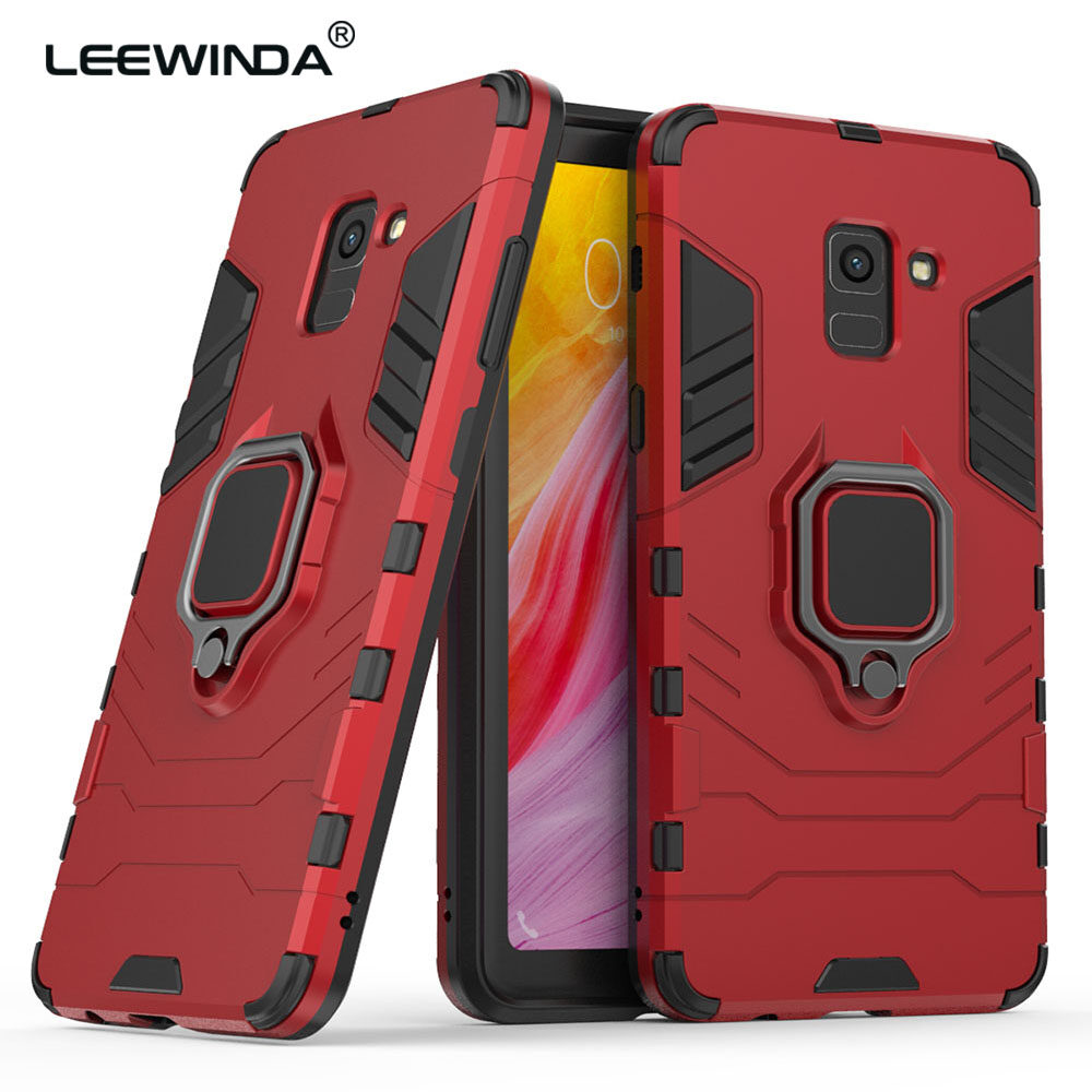 LEEWINDA For Samsung Galaxy A8 Plus 2018 Phone Case, Silicone TPU And Hard PC Luxury Armor Shockproof Metal Ring Holder Cover