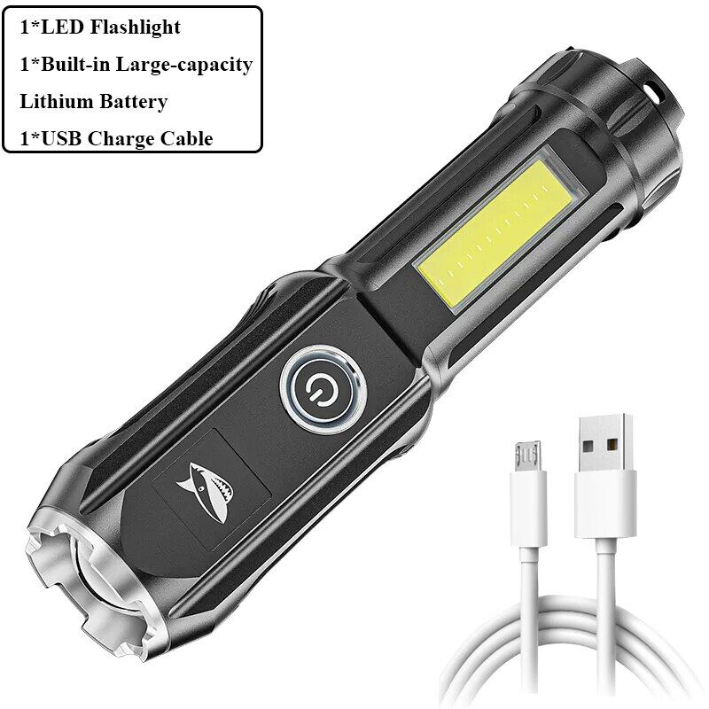 Powerful Zoomable USB Rechargeable Flashlight Super Bright torchlight T6 led flashlights With COB Side Light Portable Camping Light Strong light Torch light