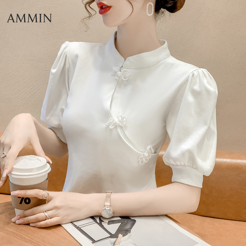 AMMIN 2022 summer new retro niche Chinese ethnic style disc button cheongsam elegant blouse women's stand-up collar bubble short-sleeved chiffon shirt female ins tops