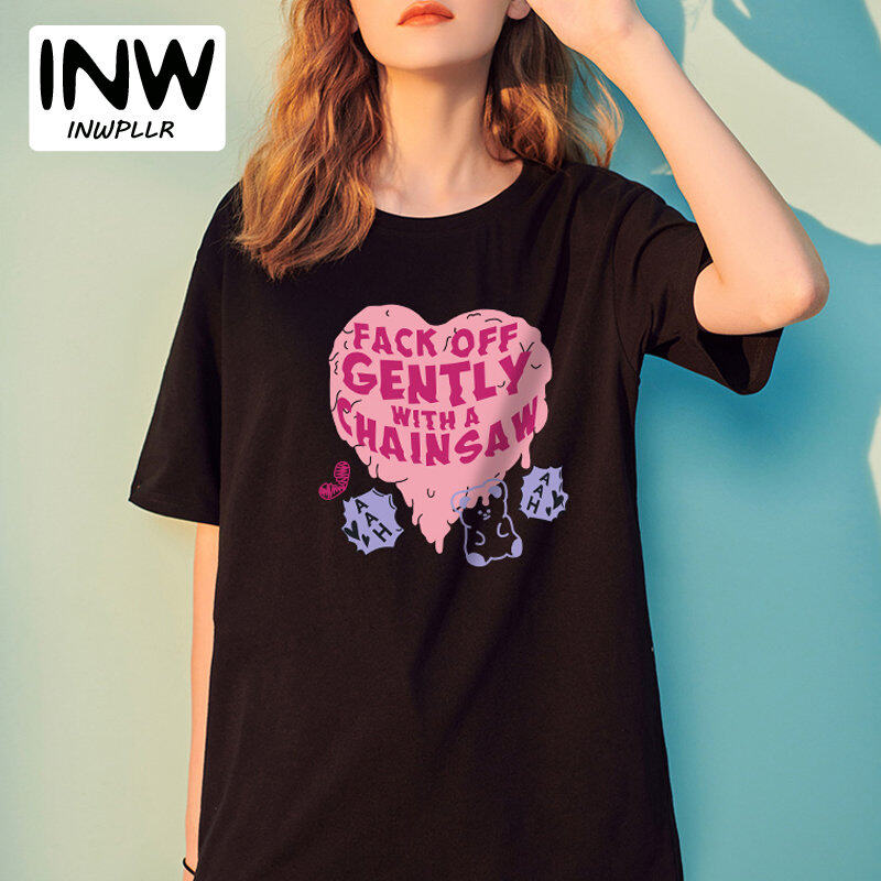 INWPLLR Fashion Trends Letter Tops Women Heart-shaped Printing T-Shirts Summer Korean Style Short Sleeve Little Bear Print  Tshirt Lady