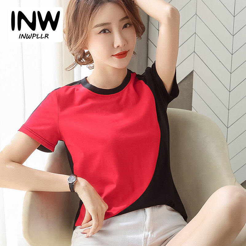 INWPLLR Fashion T-shirt Women Stitching Tops Tees Summer New O-neck Pathwork Tshirts Korean Short Sleeve Ladies Tshirt Plus Size M-4XL