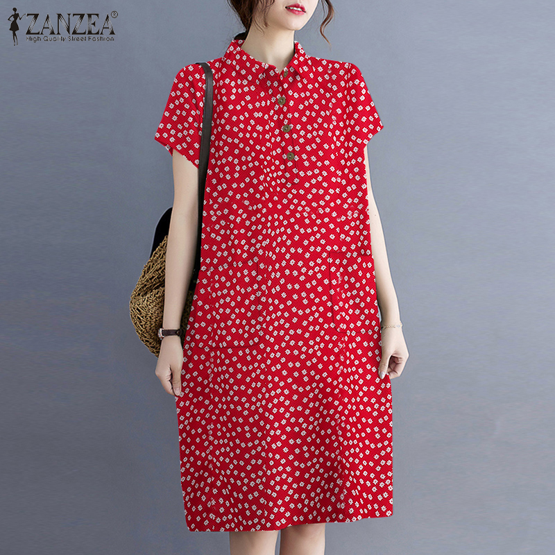 ZANZEA Women Summer Retro Short Sleeve Casual Loose Polka Dots Midi Shirt Dress