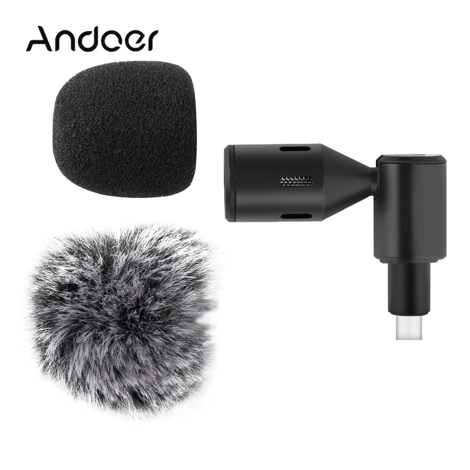 Mini Plug-in Smartphone Microphone Mobile Phone Mic Cardioid Pickup Type-C Plug 90° Angle Adjustable with 2pcs Windscreen for Smartphone Live Streaming Vlog Online Singing
