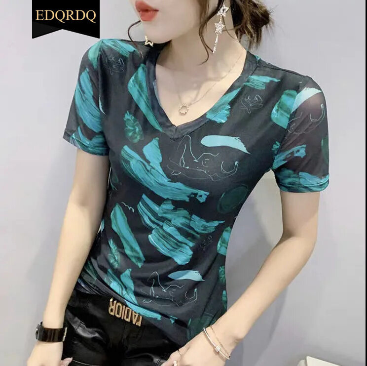 EDQRDQ Women's Short Sleeve Graphic Tee V Neck Casual Top Sheer Mesh Shirts