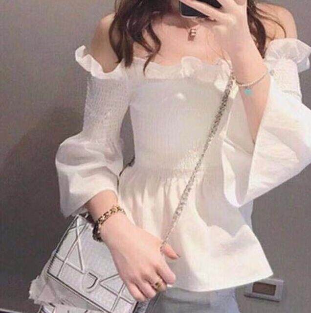 EDQRDQ Womens Smocked Off The Shoulder Tops Summer Flared Bell Sleeve Chiffon Blouses T-Shirt