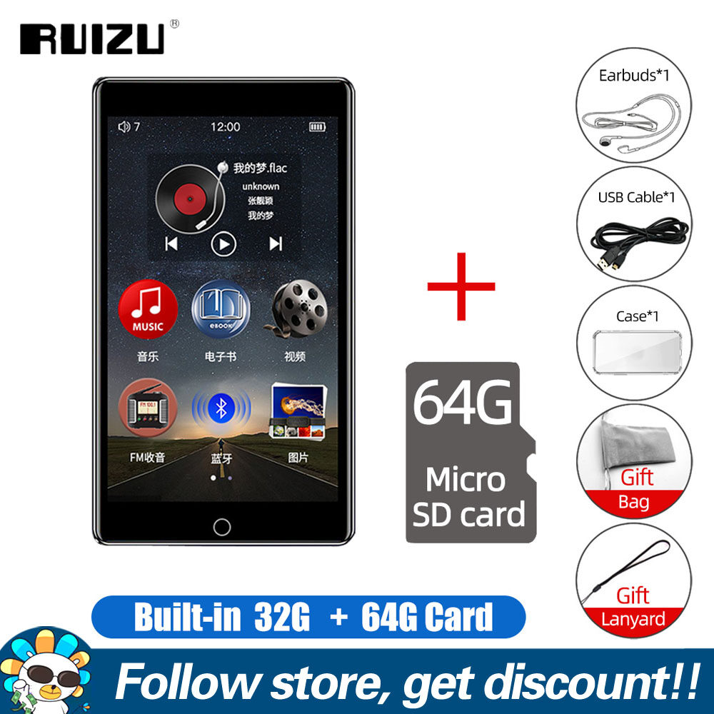 FAAEAL RUIZU H1 Full Touch Screen MP3 Player With Bluetooth 32GB Music Player With Built-in Speaker Support FM Radio Recording Video Player HiFi Metal Audio Player