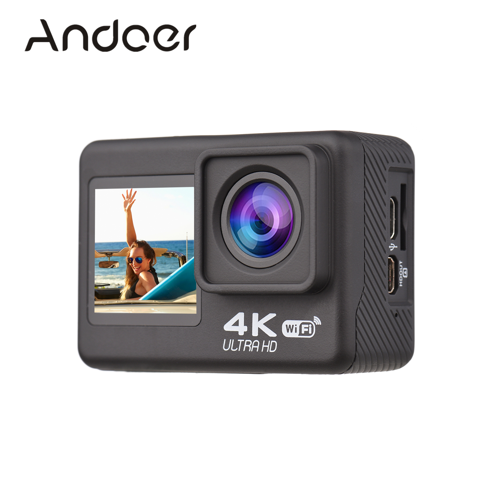 Andoer 4K60FPS Ultra High Definition WiFi Action Camera Dual Screen 170° Wide Angle 30 Meters Waterproof with Remote Control 1 Li-ion Battery Mounting Accessories Kit Black