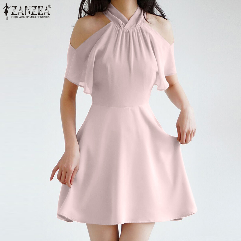 ZANZEA Women Summer Casual Halter Cold Shoulder Sleeve Party A-Line Swing Solid Dress #11