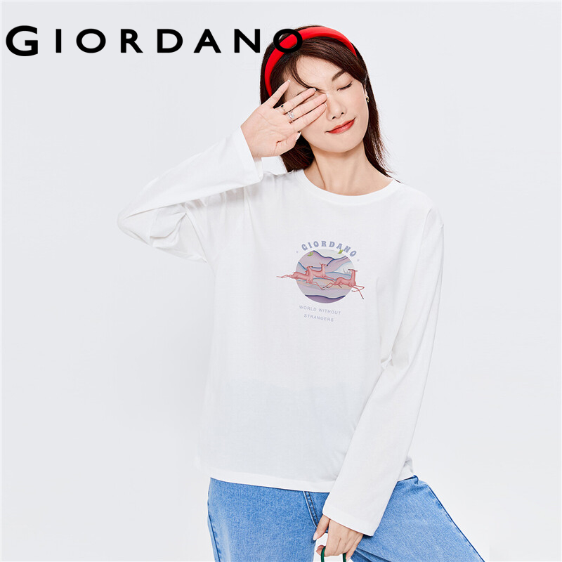 GIORDANO Women ARTAND Series T-Shirts Comfy 100% Cotton Spring Fall Casual Tee Print Pattern Long Sleeve Crewneck Tee 99392102