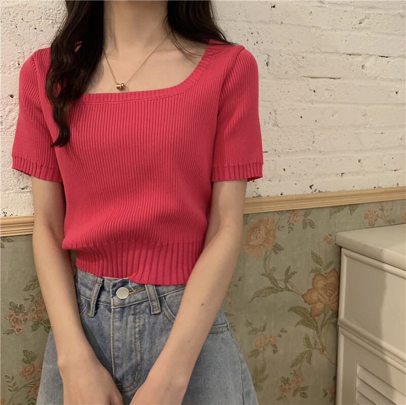 Yuvon Women simple square neck short-sleeved knit t-shirt blouse bottoming shirt solid color cropped tops