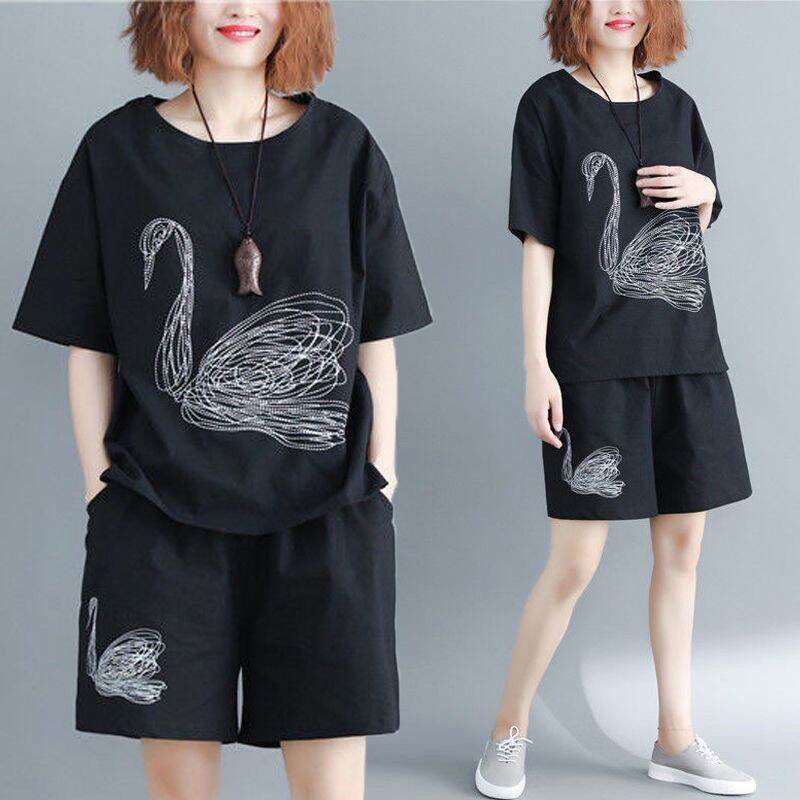 2021summer Fat Women's Sportswear Short-Sleeved Shorts New Embroidered Loose Large Size Slimming for Plump Girls Two-piece Set