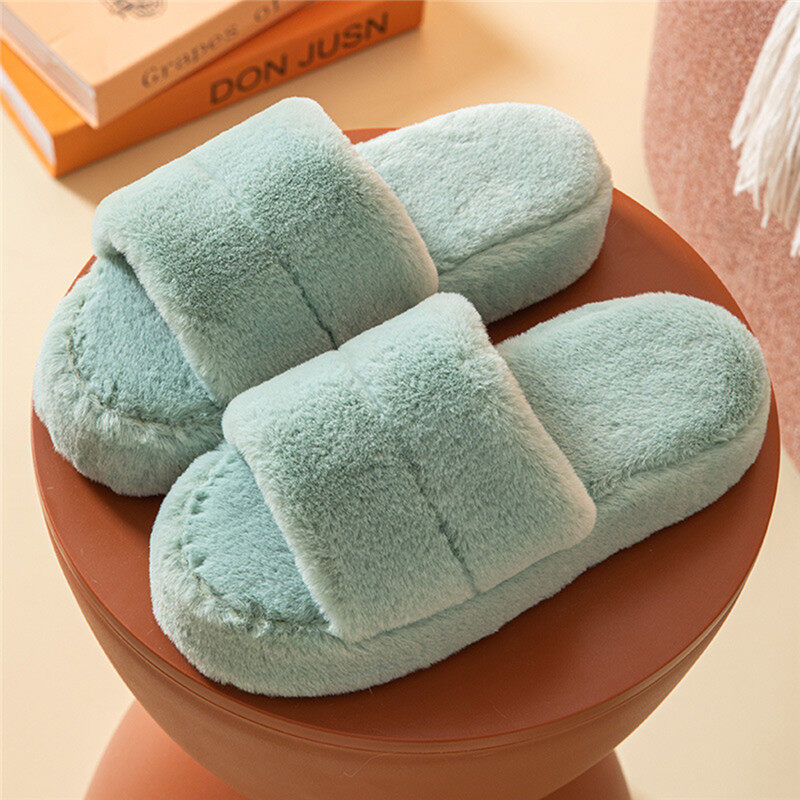 Home Slippers Solid Color Winter Plush Warm Flat Home Shoes Soft Shoes Open Toe Indoor Slippers