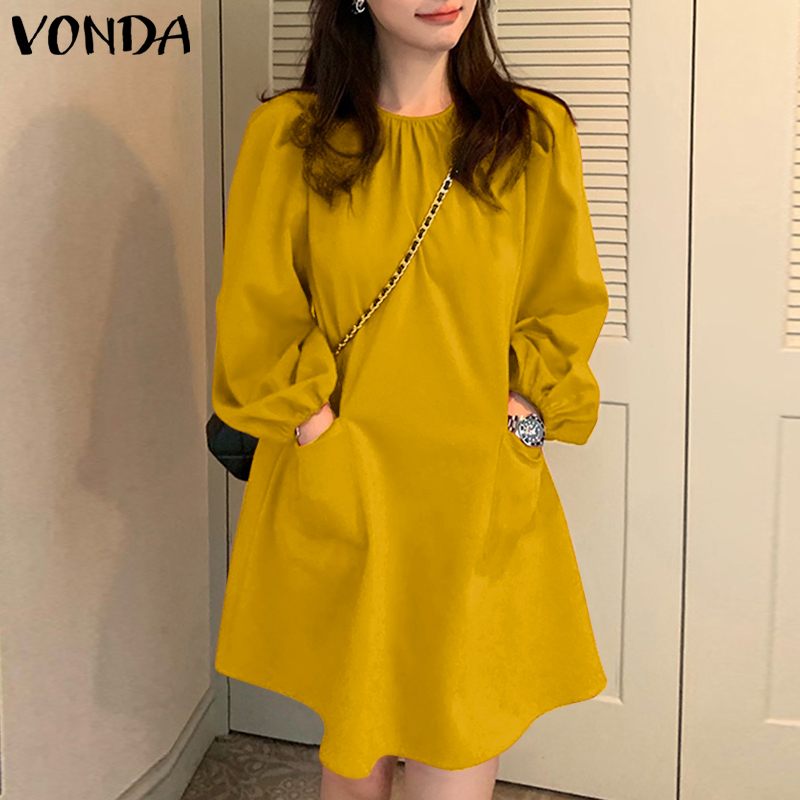 VONDA Womens O Neck Shirt Dress Long Sleeve Elegant Retro Sundress Holiday Dress (Korean Causal)