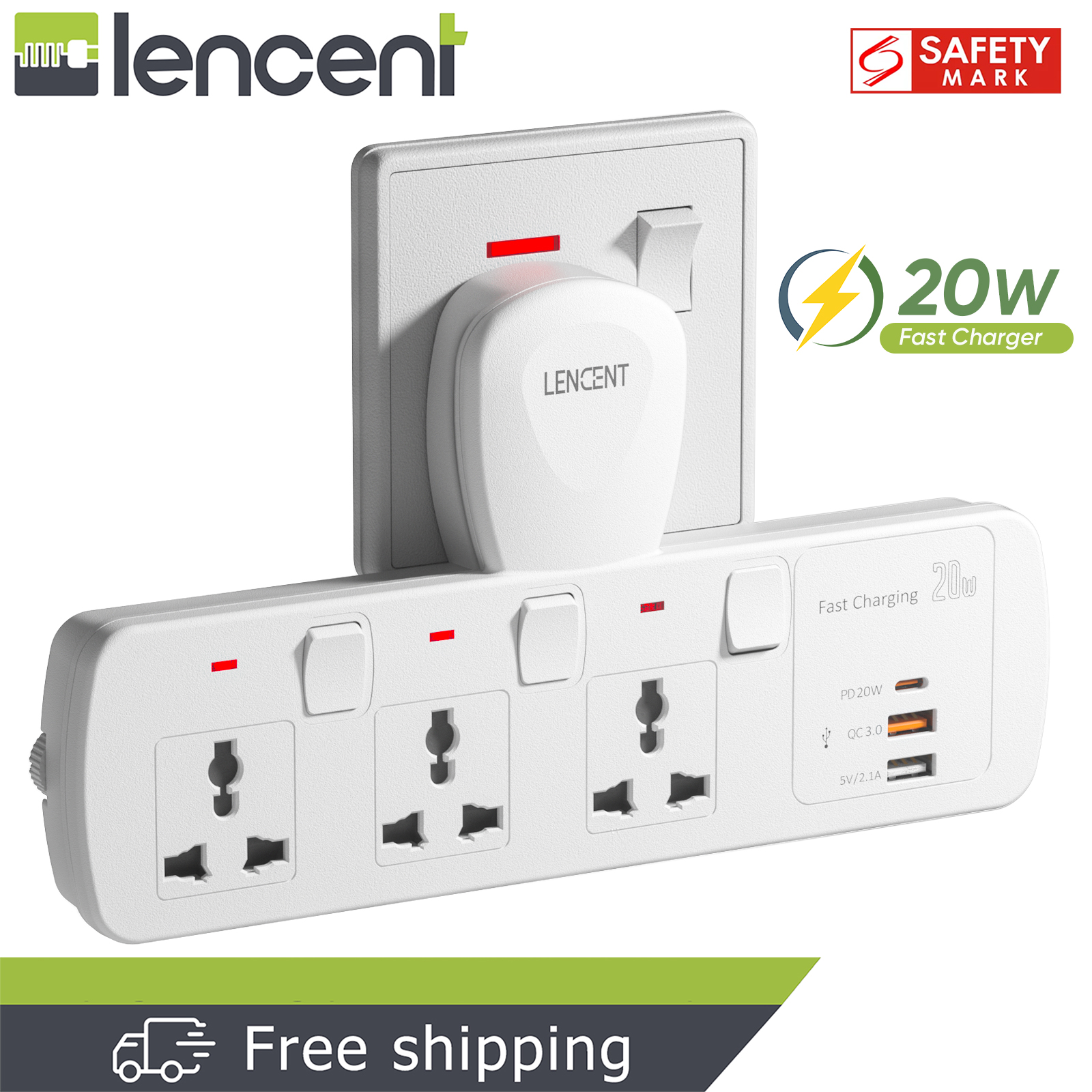Lencent 5 in 1 Extension Plug USB Wall Plug with Individual Switches, 3 Outlets with 2 USB Ports, Multi Plug Outlet, 5V 2.1A USB Power Plug Adapter, Multiple Socket Charger Extension for Home, Office,