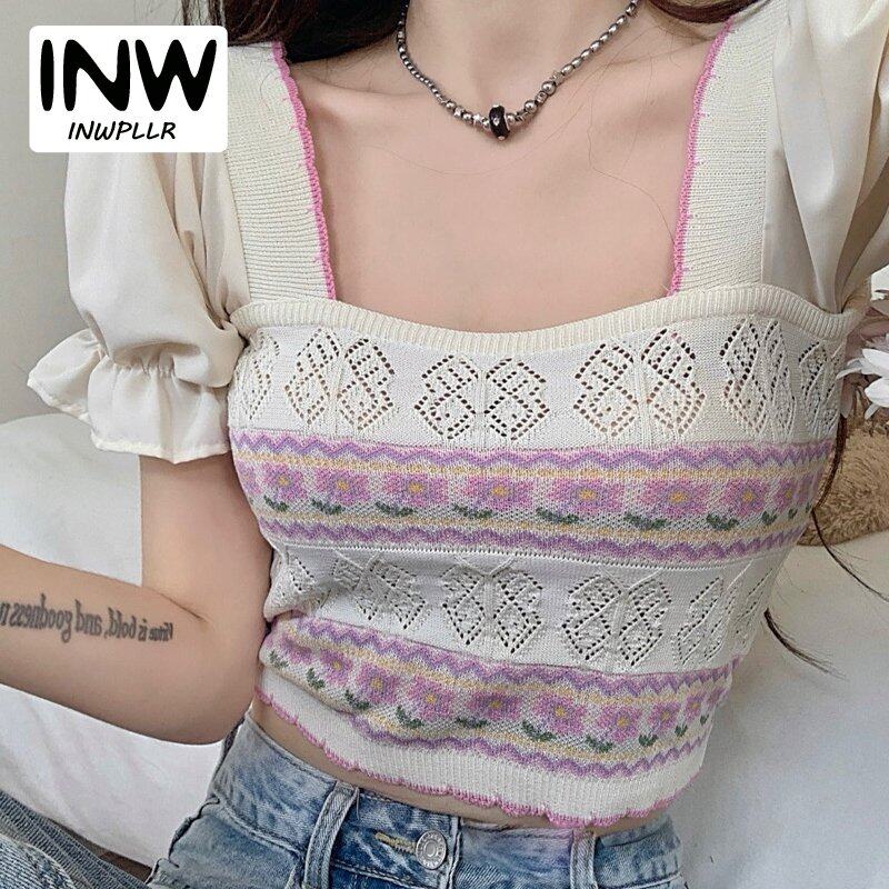 INWPLLR Summer Sweet Stitching Tops Ladies Fashion Puff Sleeve Crop T-shirts Age reduction Women's Knitted Tshirts